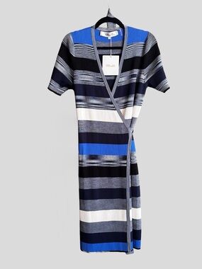 Diane Von Furstenberg Oxford Multi Knit Midi Wrap Dress Striped Size Large